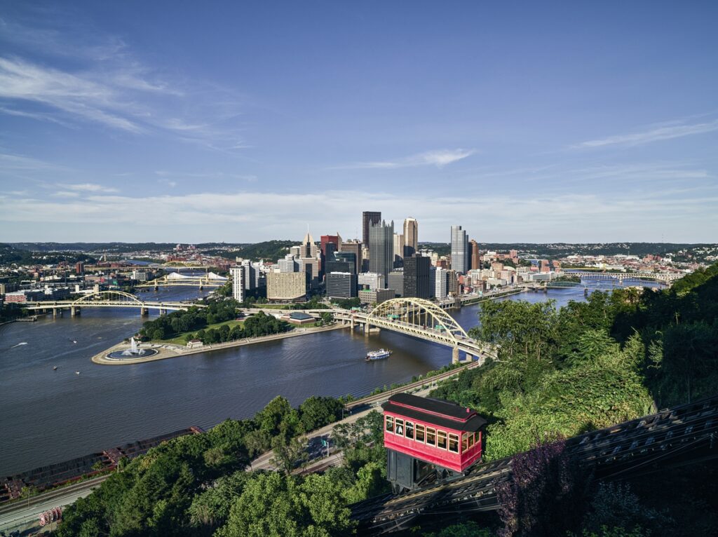 View from the Duquesne Incline station, atop Mount Washington, of downtown Pittsburgh, Pennsylvania.