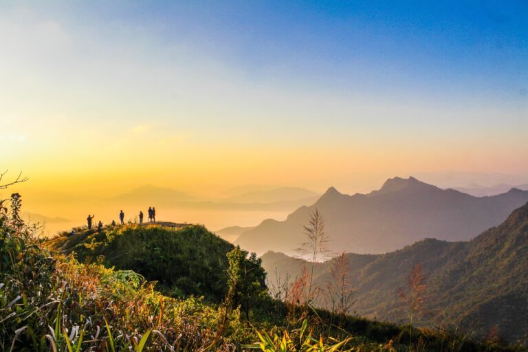 Person standing on an overlook, following the leader, looking towards the bright new morning