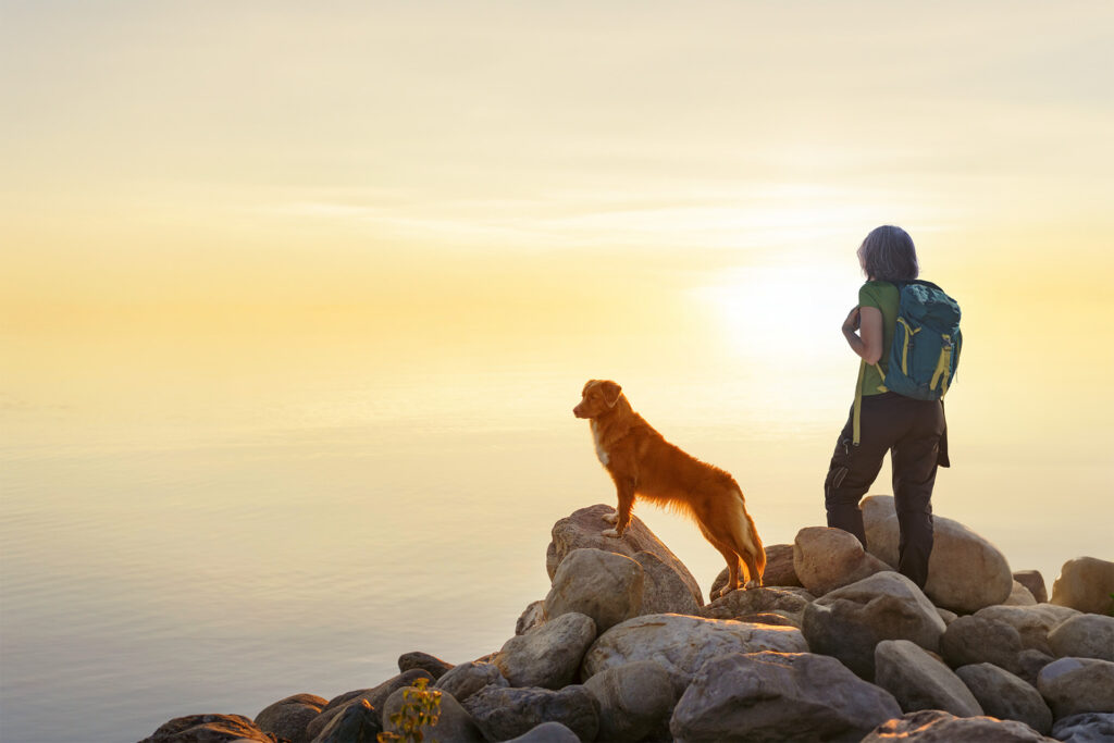 Woman triumphantly gazing at the sunset with her adventurous dog