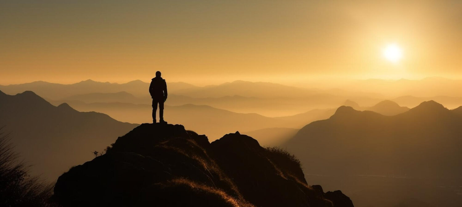 Veterinarian at top of mountain at sunrise