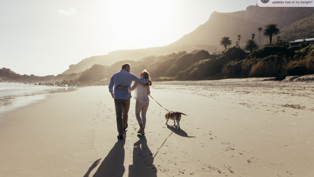 couple walking on the beach with dog