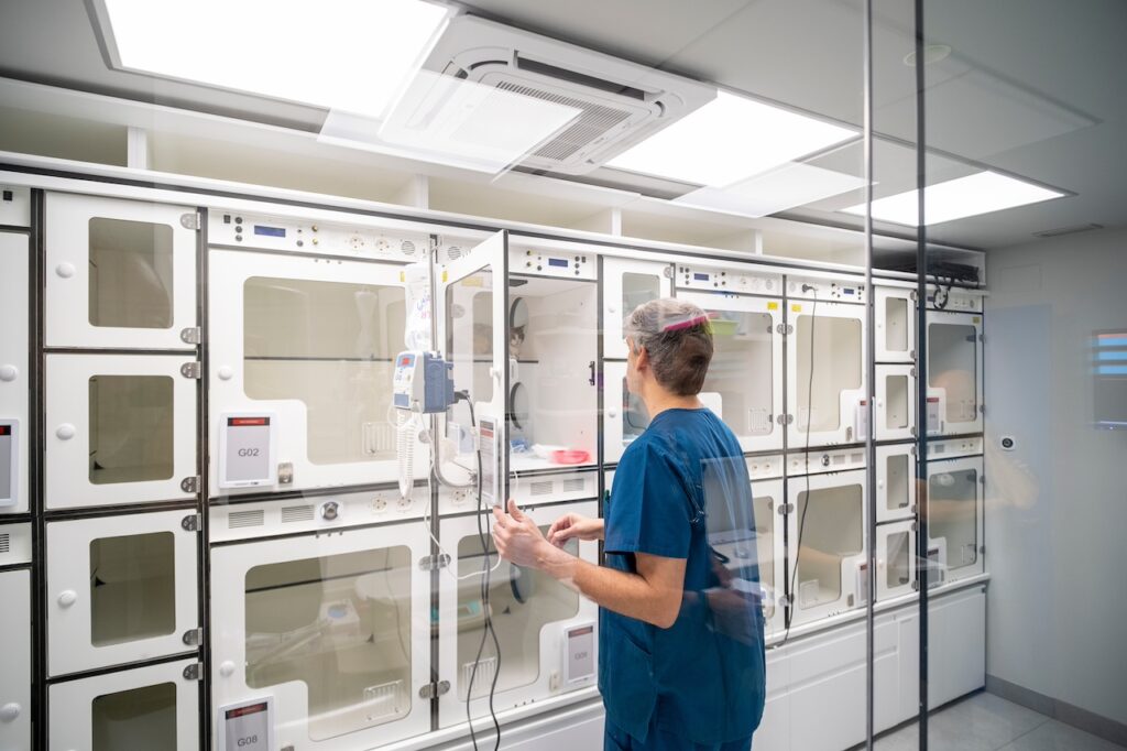 A veterinarian in blue scrubs observes the recovery process of animals in a high-tech veterinary facility. The room is equipped with advanced medical technology, ensuring the best care for recovering pets.